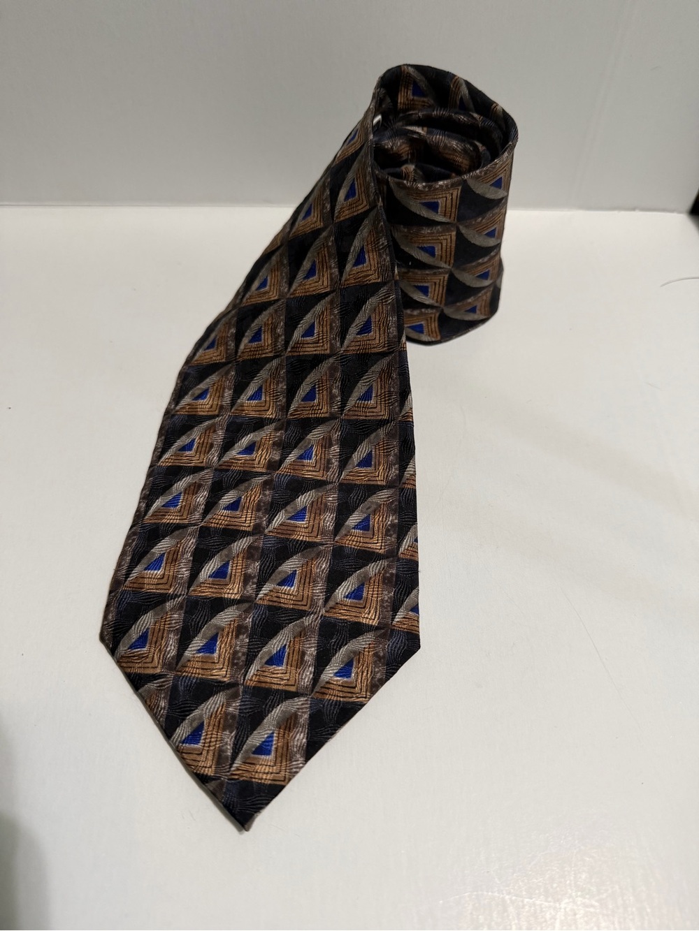 Vintage Tesoro Rosso uoma moda Geometric Pattern Brown & Blue Dress Tie 60", 4"